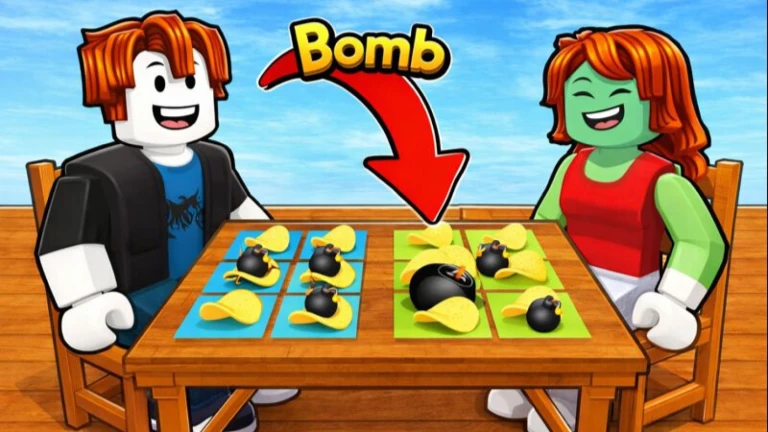 Bomb Chip Roblox game showing two players at a table with bomb pieces on yellow and blue game boards